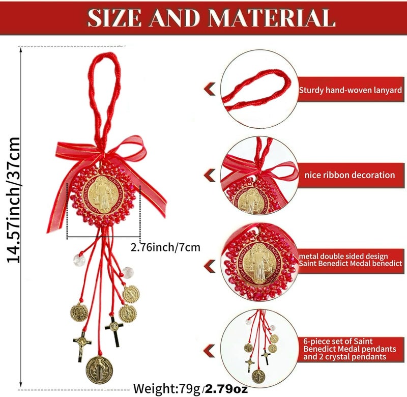 Bovemee Escapularios Catolicos,2PCS Golden Saint Benedict Medal Protection Blessing Charm, St Benedict Crucifix, Catholic Handmade Jewelry Gift Car Hanging Home Decor (2Red Saint Benedict) - Image 2